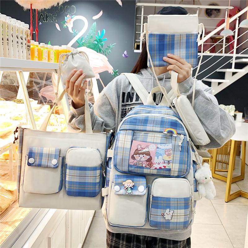 Five-piece Bag Girl Student Plaid Backpack For Junior High School Students