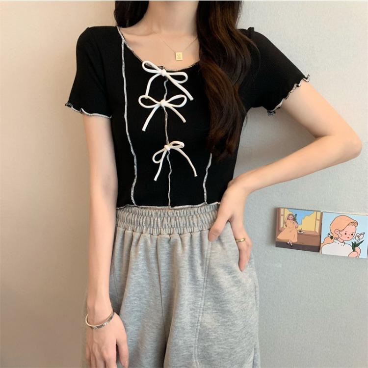 

Футболка с короткими рукавами Bow Tie Wave Edge Color Collision, женская летняя, тонкая, с короткими секциями, маленькая рубашка, топы, повседневные, основные, облегающие, пуловеры, футболки One Size чёрный