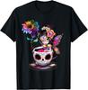 Sugar Skull  Riding Teacup Rainbow Sunflower Day Of The Dead Graphic Tee Casual Cotton T-Shirt