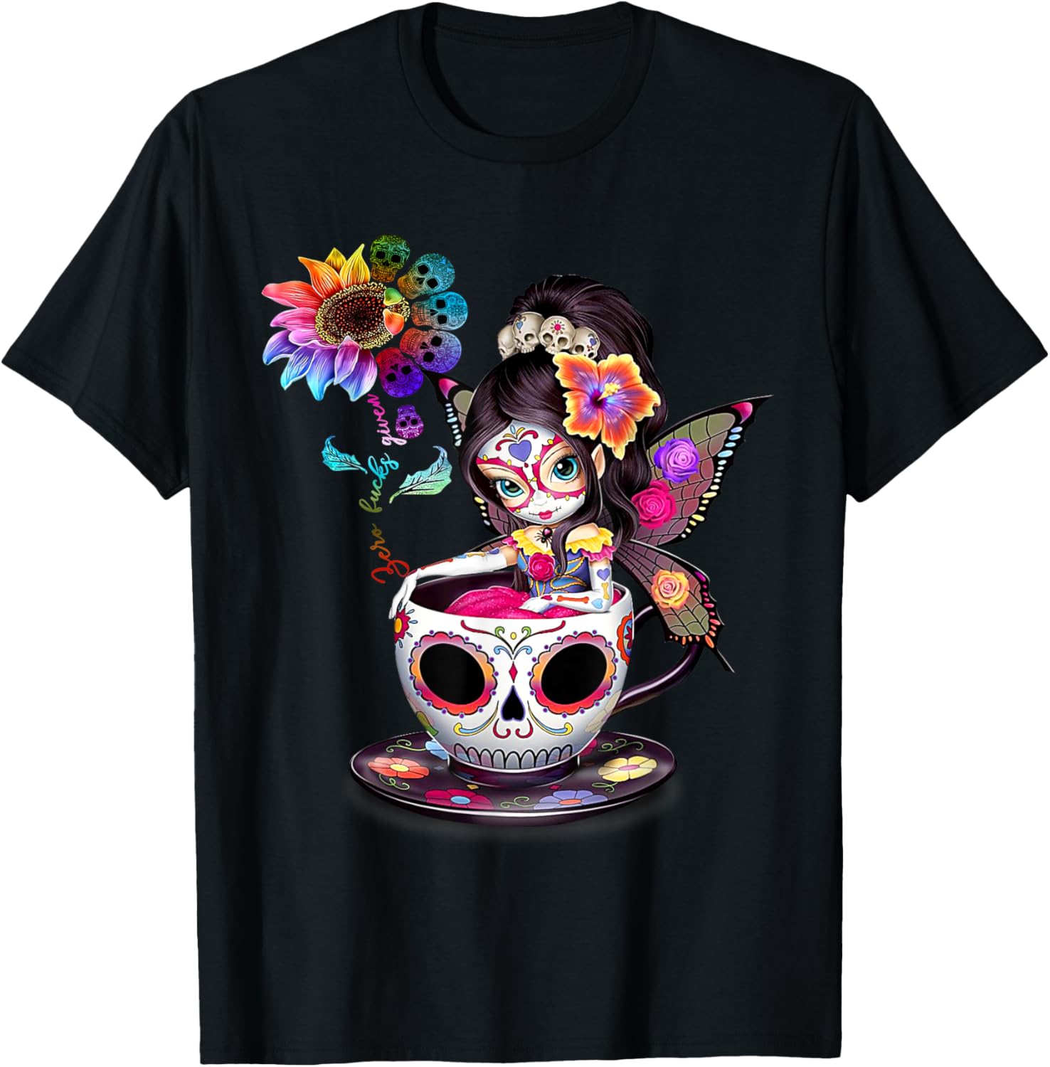 Sugar Skull Riding Teacup Rainbow Sunflower Day Of The Dead Graphic Tee Casual Cotton T-Shirt 4XL