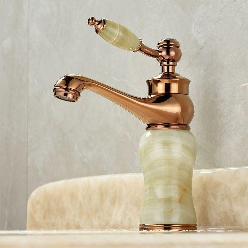 Rose Gold Luxury Bathroom Basin Faucet Single Jade Handle Vanity Sink Mixers Water Taps Brass Natural Jade Basin Sink Faucet
