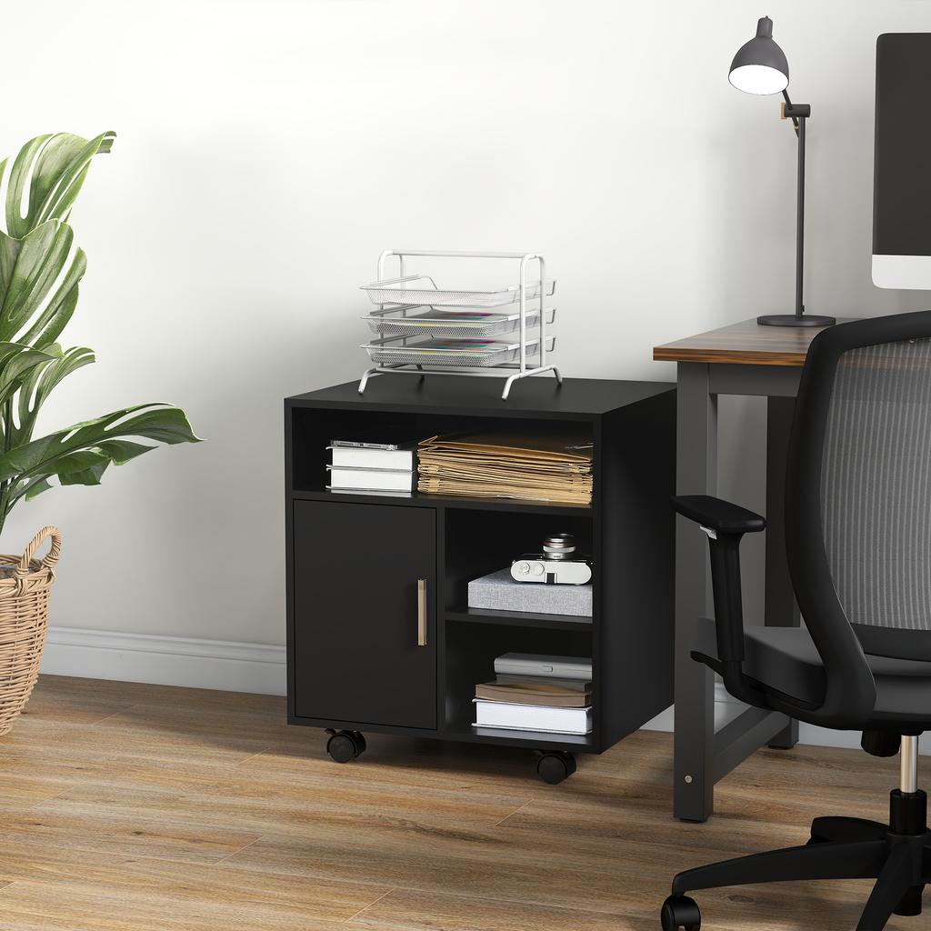 Multi Storage Printer Stand Unit Office Desk Side Mobile Storage W Wheels Modern Style 60L X 50W X 65.5H Cm Black
