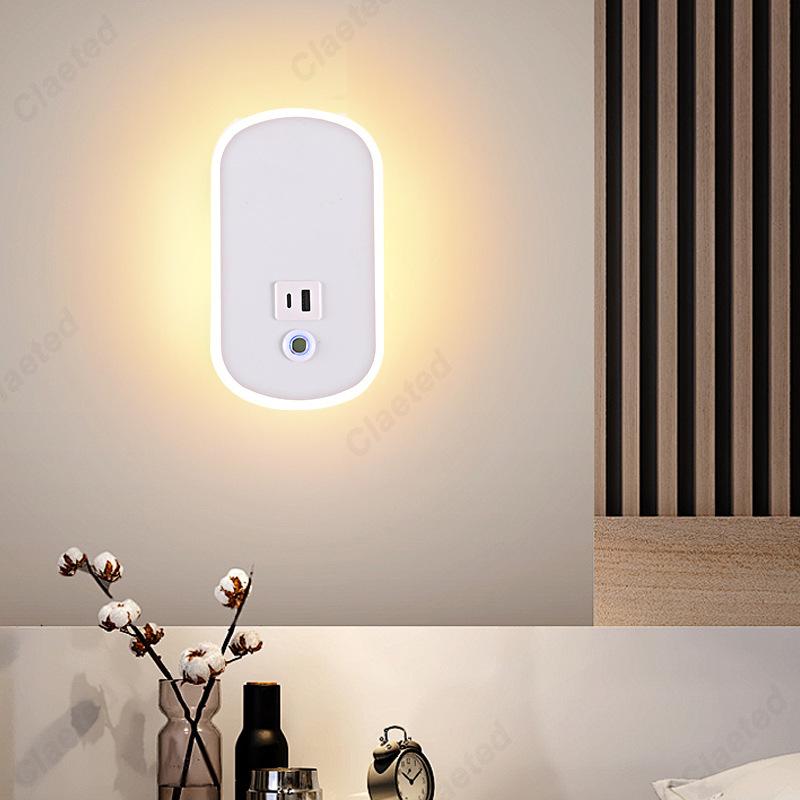 Simple LED Touch Dimming US Plug Wall Light USB Charging Port Bedroom Bedside Lamp Living Room Corridor Decorative Wall Light
