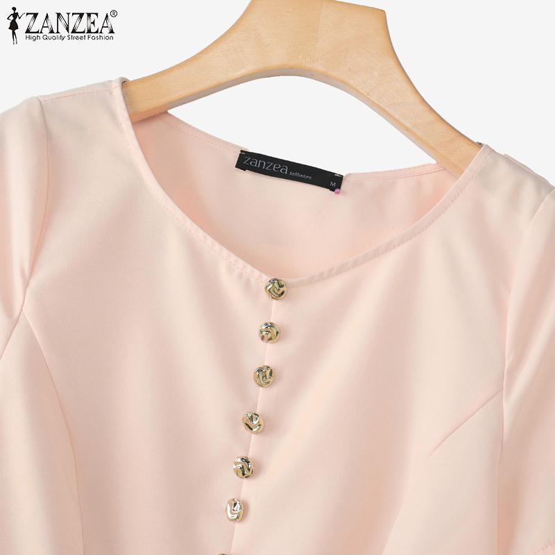 ZANZEA Women Casual Round Neck Solid Color Summer Short Sleeve Blouse