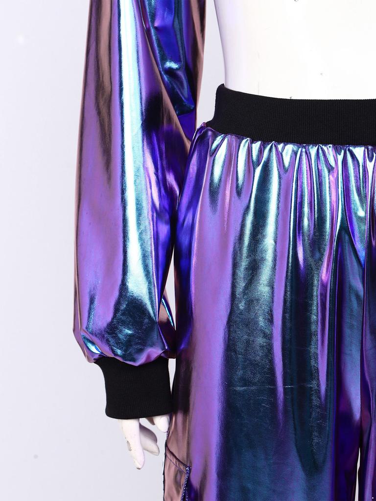 Hip Hop Dance Suit for Women Metallic Shiny Crop Top and Letter Print Cargo Pants for Jazz Disco Stage Bar Outfit