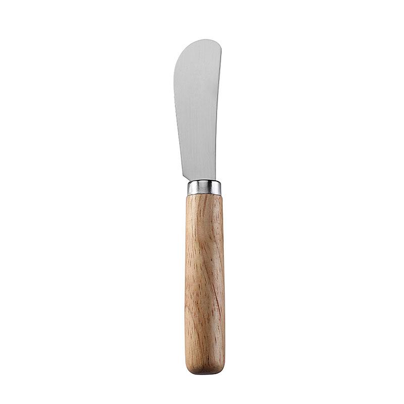 Stainless Steel Cheese Tools Set with Rubber Wood Handle, Including Cheese Knife, Slicer, Butter Knife, and Fork.