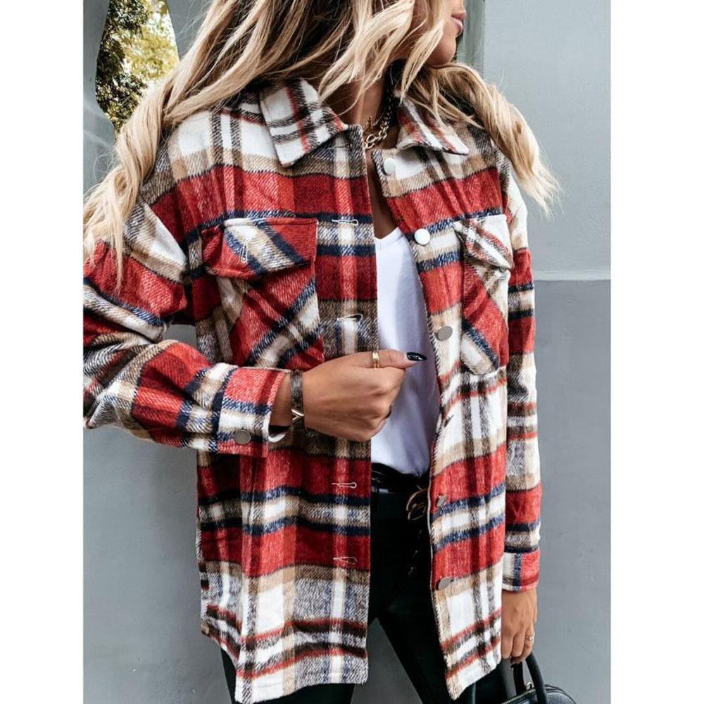 

Women Fashion Long-sleeved Lapel Shirt At All Season Loose Casual Retro Plaid Long-sleeved Shirt Jacket S червоний