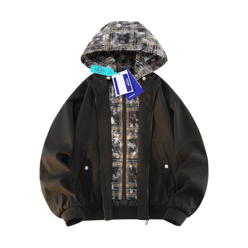 

Wassup Trendy Brand Fake Two-Piece Plaid Hooded Jacket for Men, Autumn and Winter Style, Loose Fit, Versatile Trendy Coat for Teenagers