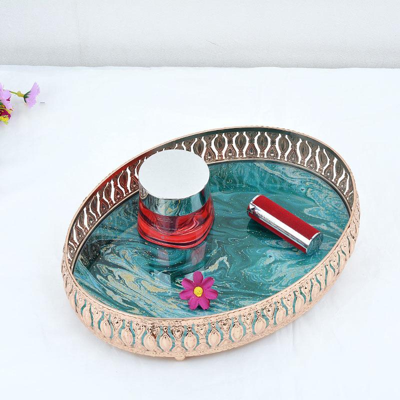 Luxury Round Decorative Trays Teal Marble Glass with Rose Gold Ornate Frame for Vanity & Coffee Table Storage Trays Home