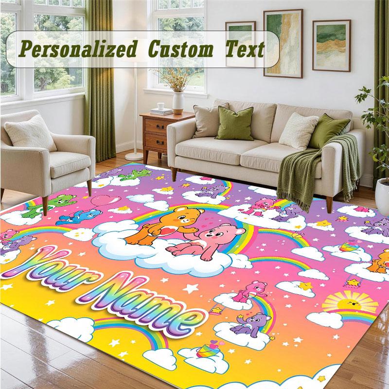 Crystal Velvet Square Rug Custom NameCare Bears Pattern Non Slip Home Floor Decor Rug