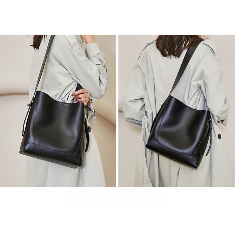 Genuine Leather Women's Shoulder Bucket Bag Large Capacity Crossbody Handbag Fashion Commuter Purse