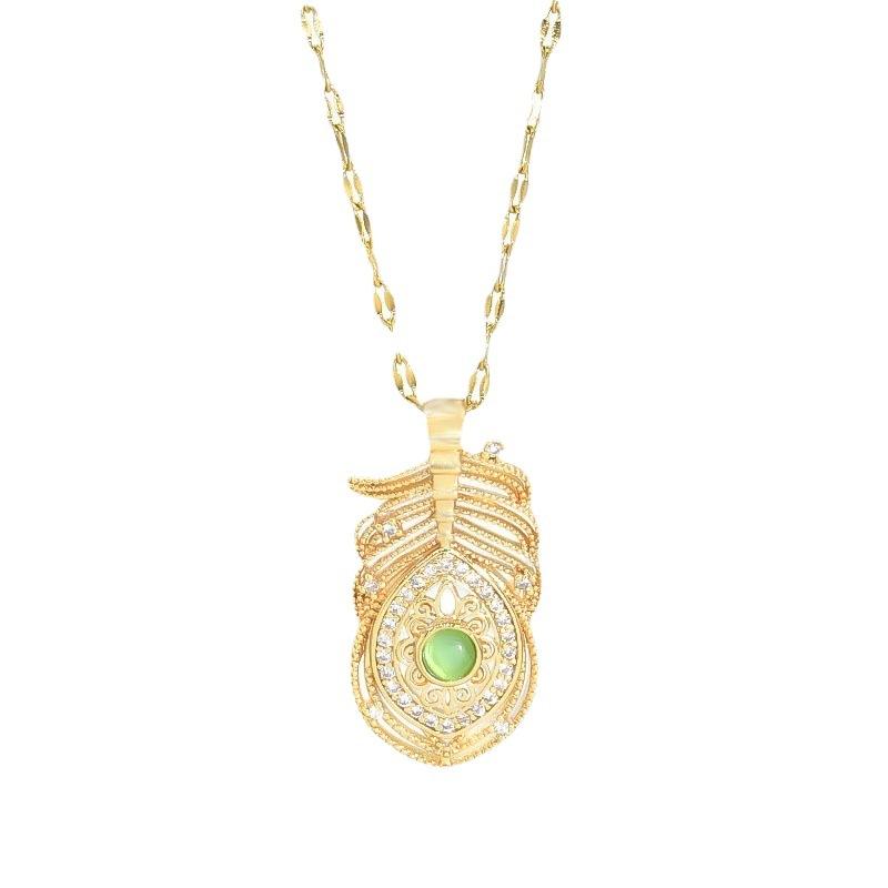 Feather Necklace Vintage Court Style Ladies Collarbone Chain Gemstone Demon'S Eye Pendant Ornament