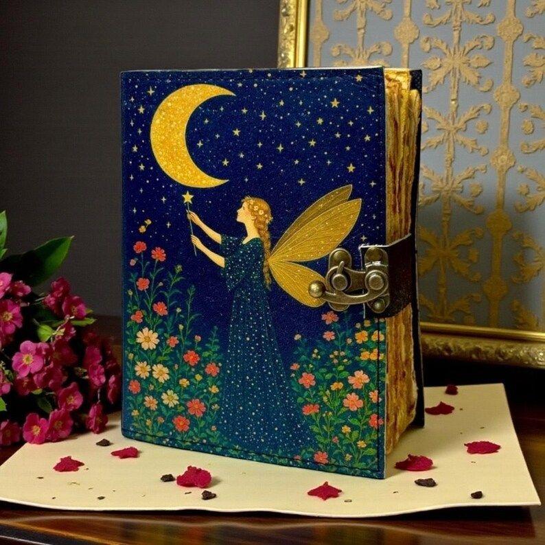 Moon Fairy Leather Grimoire | Celestial Book of Shadows | Wiccan Pagan Spellbook | Fairy Witchcraft Journal with Deckle Pages 7 x 5 inch 100 Page