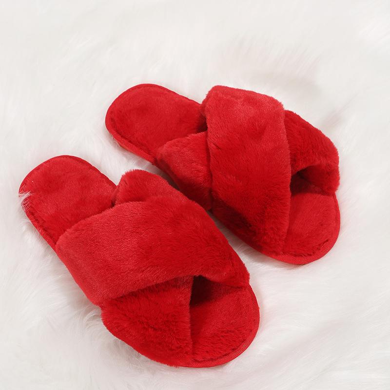 Modische Hausschuhe mit gekreuzten Bändern aus Kunstfell für Damen, weiche Kunstfell-Hausschuhe, einfarbig, aus Baumwolle, Damen-Hausschuhe, leicht, zum Hineinschlüpfen, plüschige Pantoletten, weiblich
