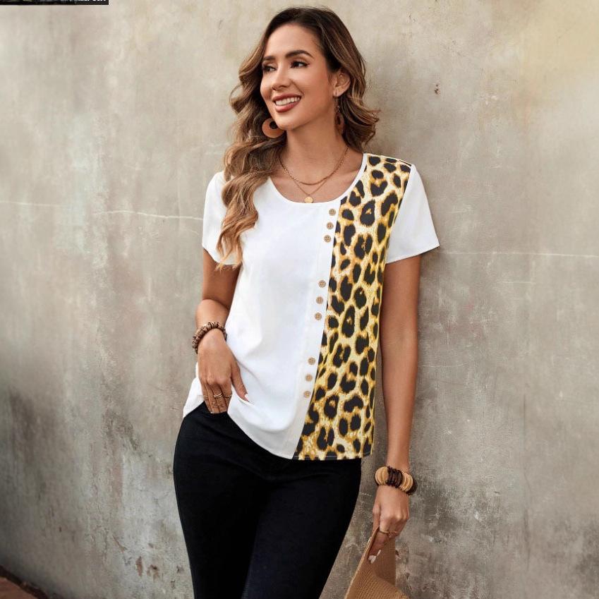 Leopard Print Round Neck Top: Elegant Short Sleeve T-shirt for Women, Casual Spring and Autumn Style 2025