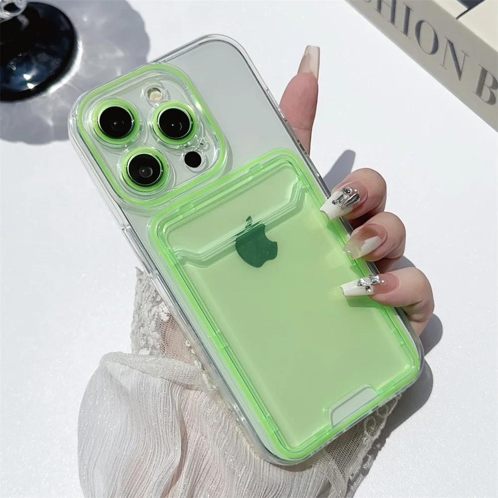 Card Holder Transparent Case for iPhone 15 14 13 16 17 Pro Max Air Plus 11 12 Double Color Wallet Soft Shockproof Cover