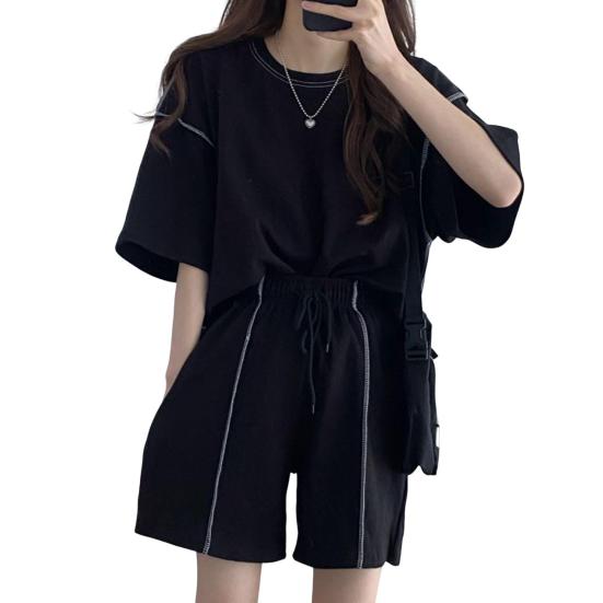 

Летний спортивный костюм из 2 шт./компл. с круглым вырезом и половиной рукавов, топ на шнурке, однотонные шорты с высокой эластичной резинкой на талии 3XL чёрный