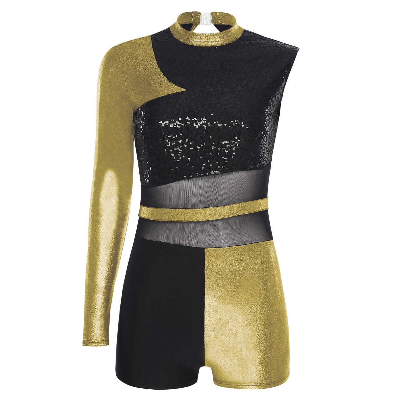 

Womens Latin Dance Bodysuit Asymmetrical Design Backless Boyshort Glittery Sequins Metallic Shiny Leotard S