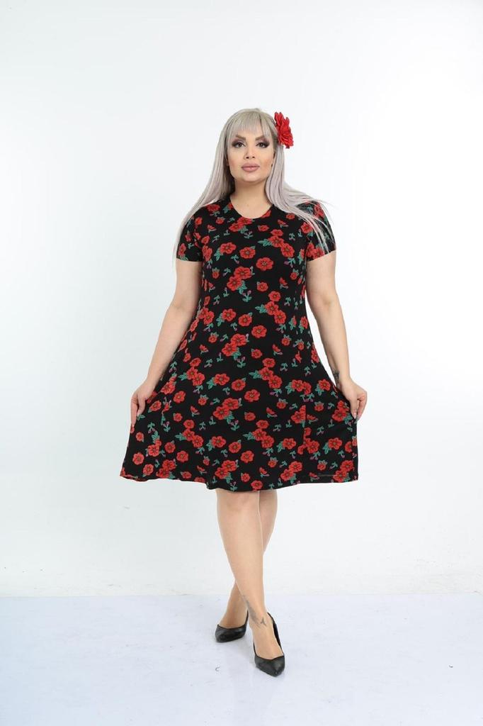 Damen Big Size Kleid Plus Size Schwarzes Alltagskleid aus Viskose mit Mohnmuster