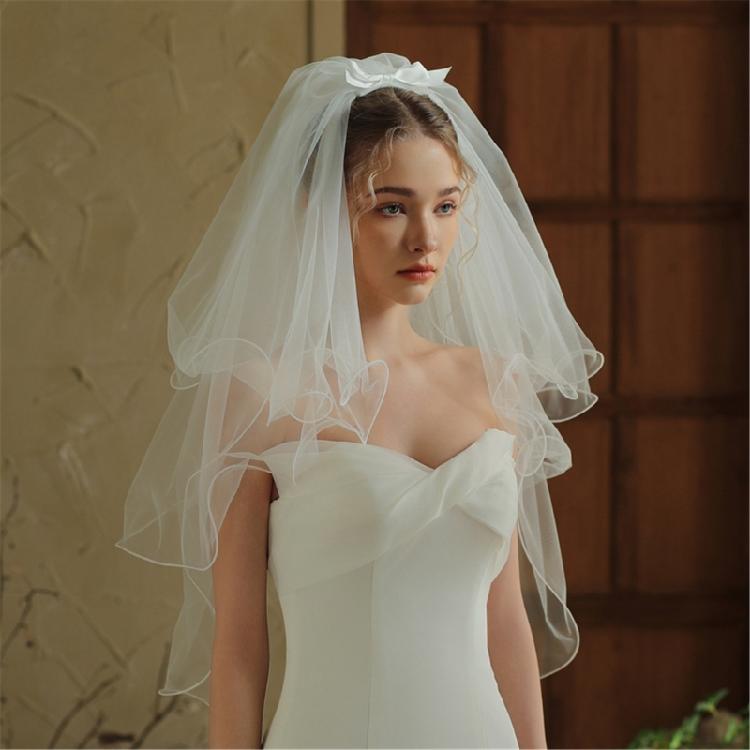 Bowknot Wedding Bride Veil with Rolled Edge Three Layer Bridal Veil Elegant Short Veil Bride Bridesmaid Hair Accessories