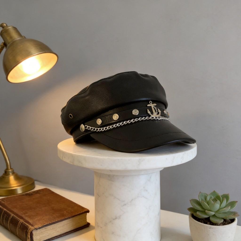 Vojenská čepice Zimní Černá PU Kůže Retro Plochý Vrch Široký Okraj Pro Fanoušky Ležérní Módy