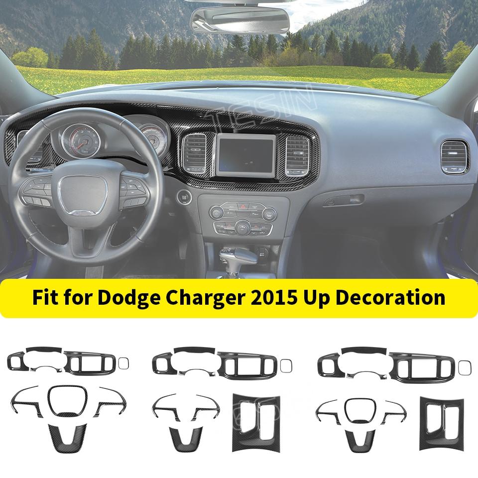 Car Carbon Fiber Grain Central Control Steering Wheel Gear Shift Decoration Cover for Dodge Charger 2015 Up Interior Accessories