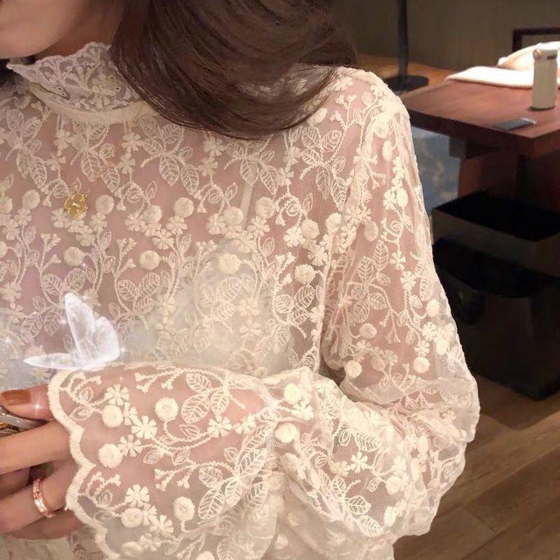 2026 Elegant Korean Style Women's Lace Mesh Top with Half-High Collar - Autumn/Winter Collection