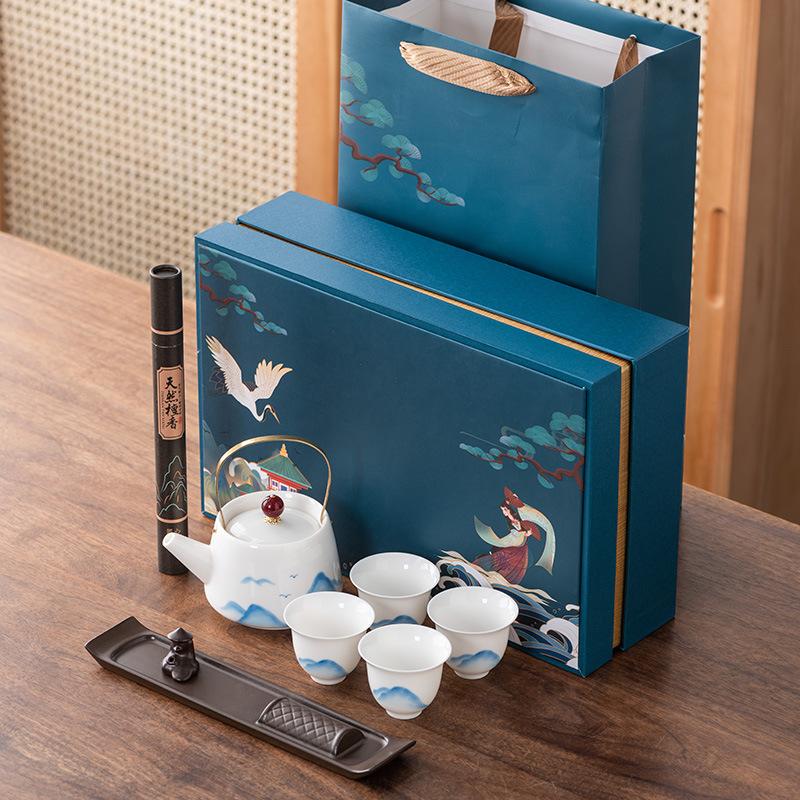 

Suet jade porcelain lifting beam pot Guochao creative enamel color one pot four cups high-end gift box light luxury business gift set