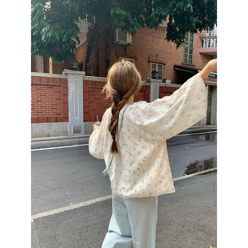 Small fresh floral long-sleeved shirt Small loose and thin round neck sweet girly versatile chiffon shirt