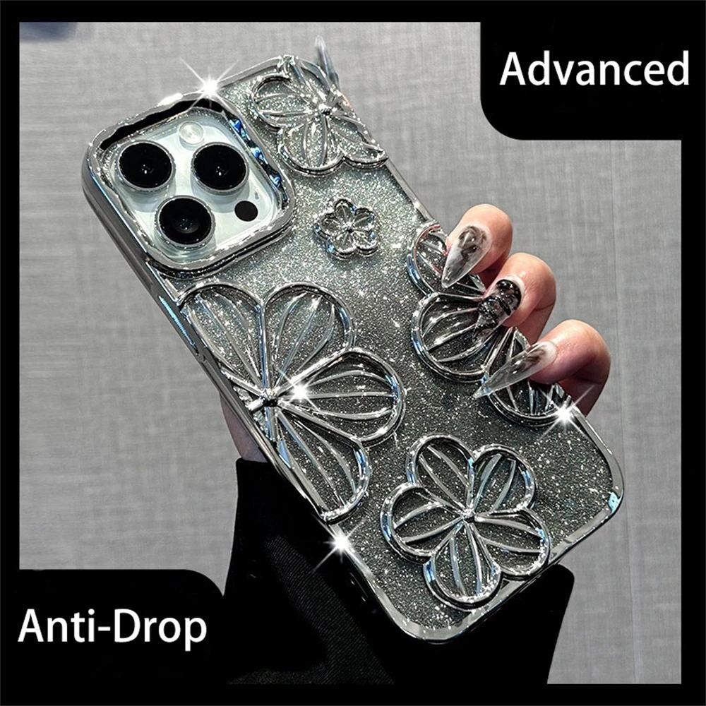 Luxury Plating Glitter Laser Flowers Gradual Soft Case For iPhone 16 Pro Max 15 14 13 12 11 Artistic Lens Protective Cover Funda