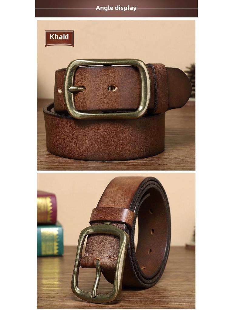 Męski modny pasek ze skóry retro szczotkowanej ręcznie z miedzianą klamrą szpilkową