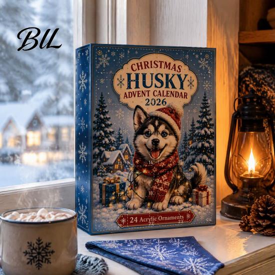 Husky Advent Calendar Christmas 2026 with 24 Unique Acrylic Pendants for Tree Decorations, Collectible Charms Cute Dog Themed Holiday Countdown