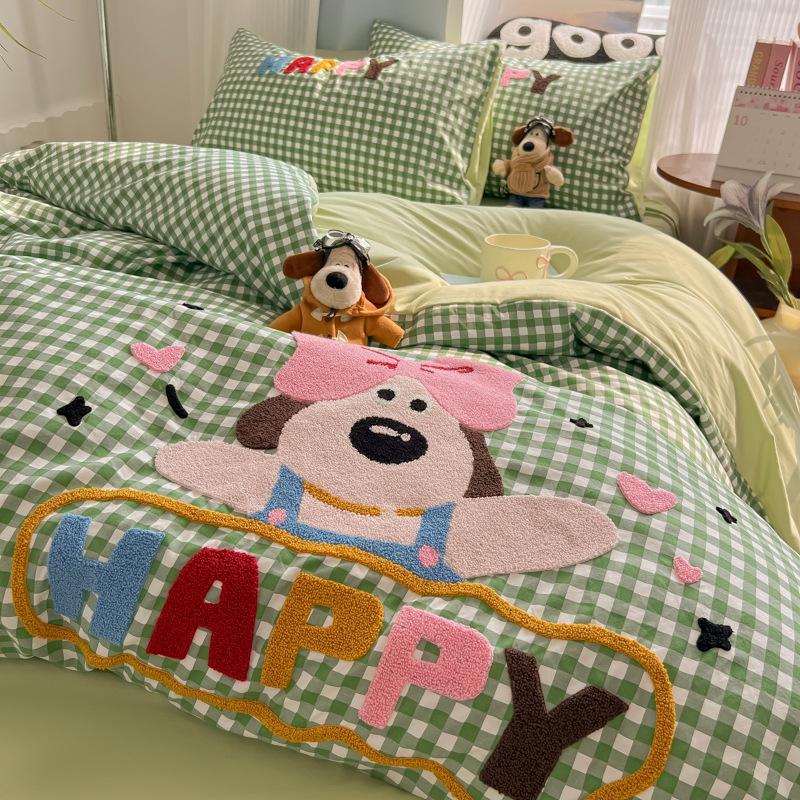 Cloud Pure Cotton Quilt Cover Bed Sheet Embroidery Four-piece Set Cartoon Puppy Skin-friendly Breathable Bed Sheet Bedding