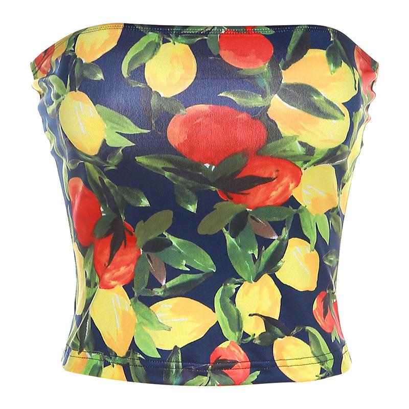 Women's Wrap Chest Crop Tops Y2K LemonPrint Strapless Bandeau Tube Tops Hotsweet Summer Off Shoulder Backless Tank