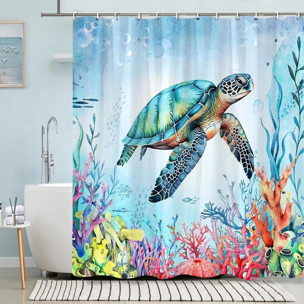 Turtle Shower Curtain Summer Beach Anchor Nautical Starfish Watercolour Art Creative Polyester Shower Curtains Bathroom Decor