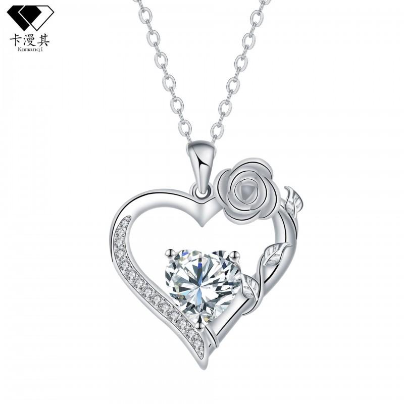 Womens Heart Pendant Necklace With Rose Motif Elegant Copper Chain Jewelry Daily Wear White