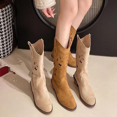 Damen-Cowboystiefel in Übergröße, lässig, hohe Röhre, dicker Absatz, spitzer Martin-Stiefel, bestickte Ritterschuhe, Größe 35–42