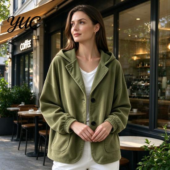 Everyday Layering Piece Autumn Winter Casual Coat, Hoolded Long Sleeve Jacket, Comfortable Commuter Apparel Loose Fit Vertical Corduroy Outerwear with