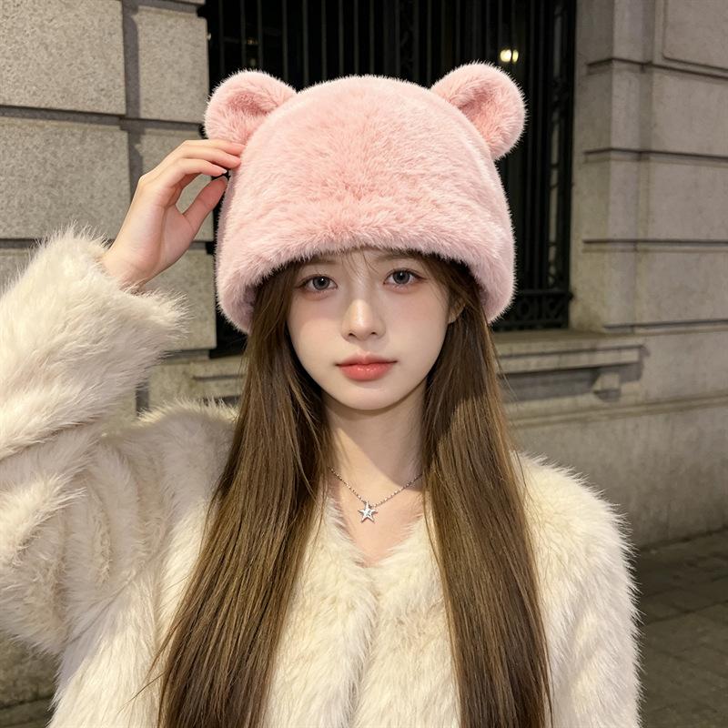 New Internet Celebrity Hat Female Autumn and Winter Mink Fashion Versatile Plush Cute Bear Ears Show Face Small Bucket Hat