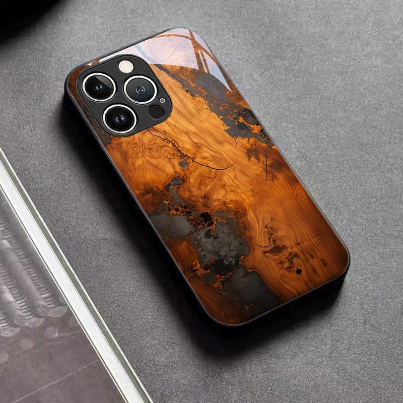 Phone Case Resin Wood Art Spliced Tempered Glass Phone Case Black for IPhone 12/13/14/15/1617/17Pro/18Pro Max Cover Hard Shell