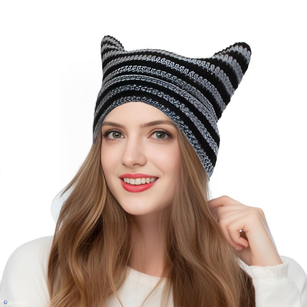 

Corchet Cute Cat Ears Beanie Hat for Women Winter Striped Korean Fashion Y2K HipHop Cosplay Knitted Streetwear Men Skullies