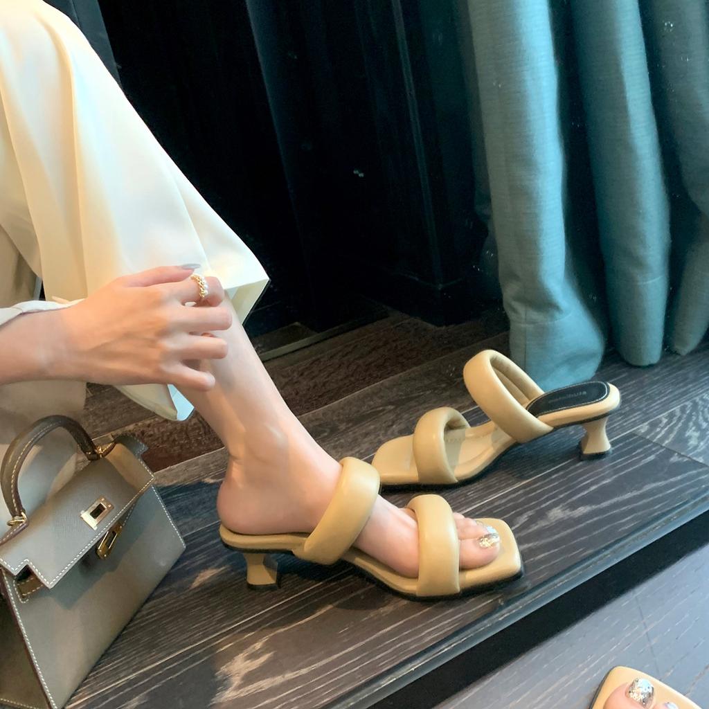 Sheepskin Sandals Women's Outer Wear Summer Medium Heel Slippers Thick-soled Soft Stepping Shit Shoes 2025 Literal Square Head Cool Slippers