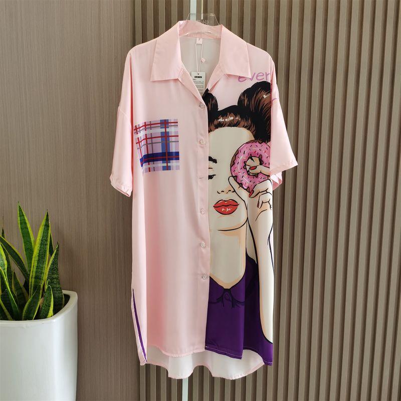 

Donut Girl New Arrival Nightdress Female Summer Sexy Net Red Wind Shirt Pajamas Plus Size Silk Feel Night Dress Pink One size