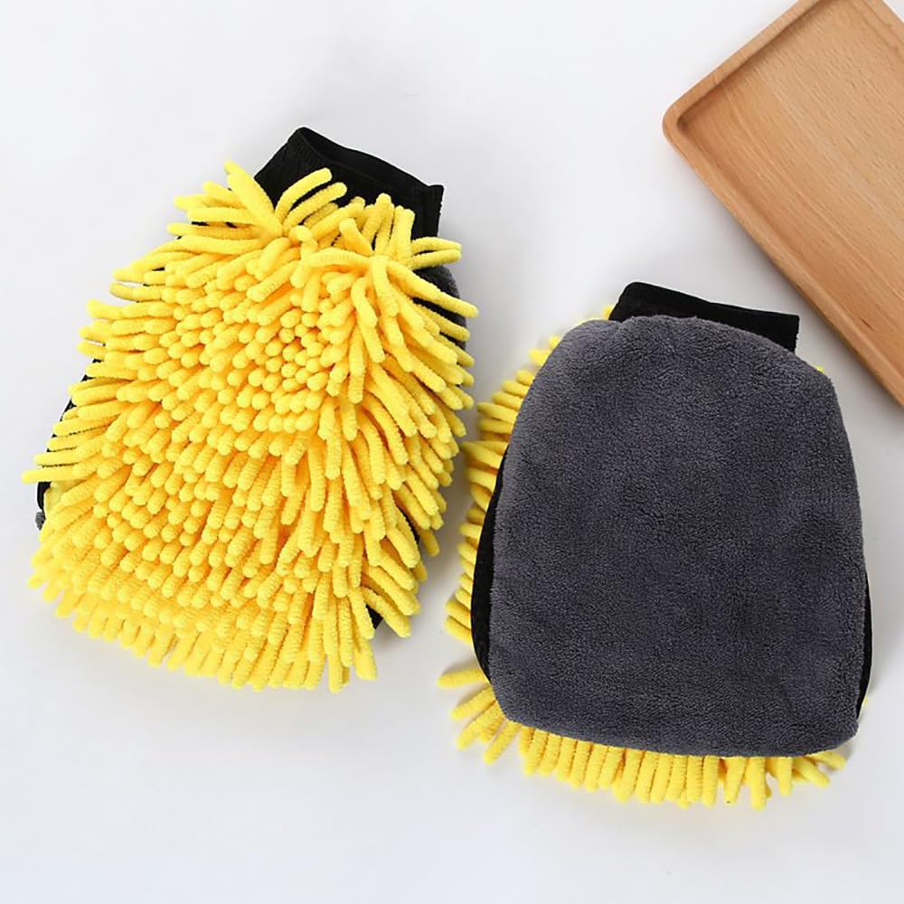 Beiwoer Car Wash Set of Chenille Car Wash Microfiber Car Wash Car Wash Waterproof Protective Gloves for Dry Easy Gloves, 2, Mitt, Gloves, Sponge,