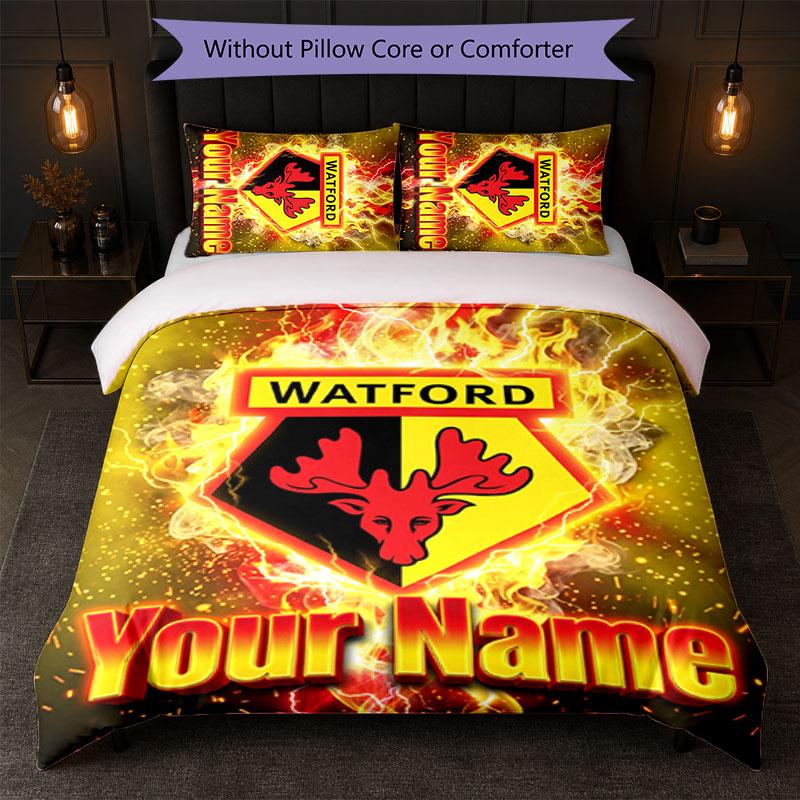 Watford FC Custom Name Text Bedding Set 1 Duvet Cover+2 Pillowcases Soccer Logo Personalized Gift For Special Occasion Bedroom Decor
