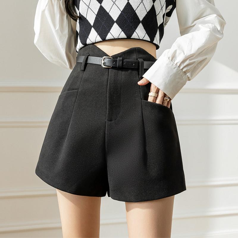 Tweed Shorts Women's Solid Color Casual High Waist Wide Leg Pants