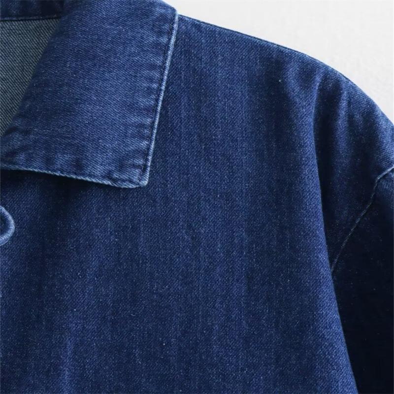 Women Turn Down Collar Bow Decor Long Sleeve Denim Shirt Jacket