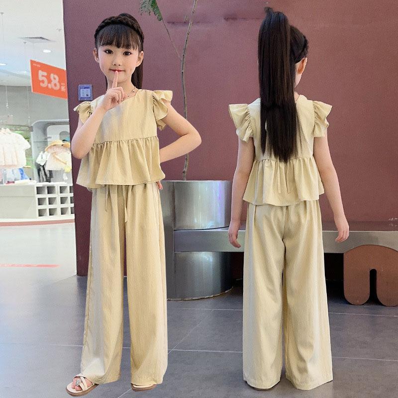 

Летние костюмы для девочек Детская летняя одежда Широкие брюки Костюм-двойка 140 бежевый