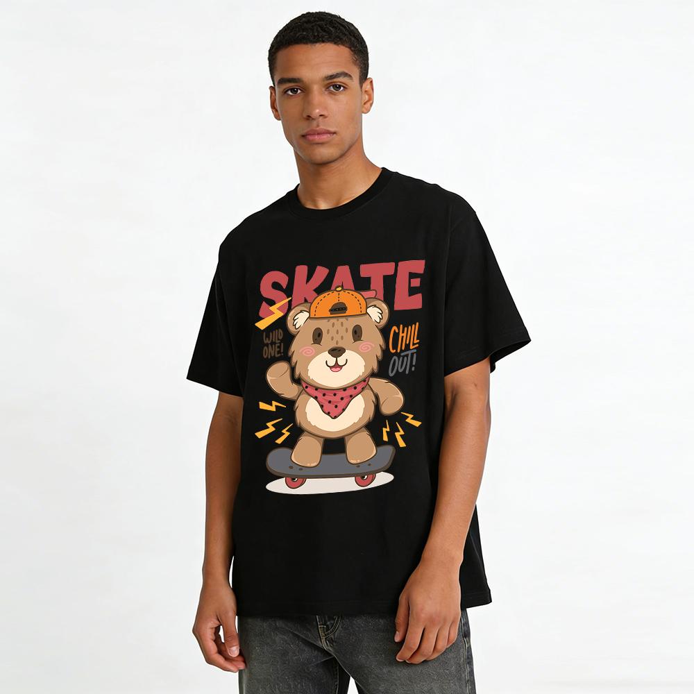 Cute Skate Bear Print Kids T Shirt Cool Street Style Loose Comfortable Short Sleeve for Boys Girls Pure cotton T-shirt
