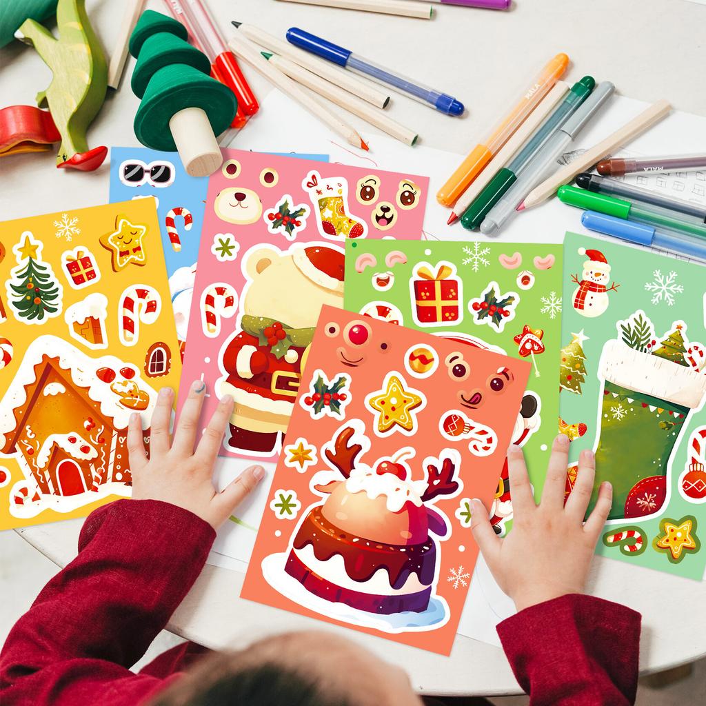 6PCS Merry Xmas Stickers Cartoon Snowmen Elk Puzzle Decal DIY Notebook Guitar Bottle Stationery Stickers Designed For Friend Gifts